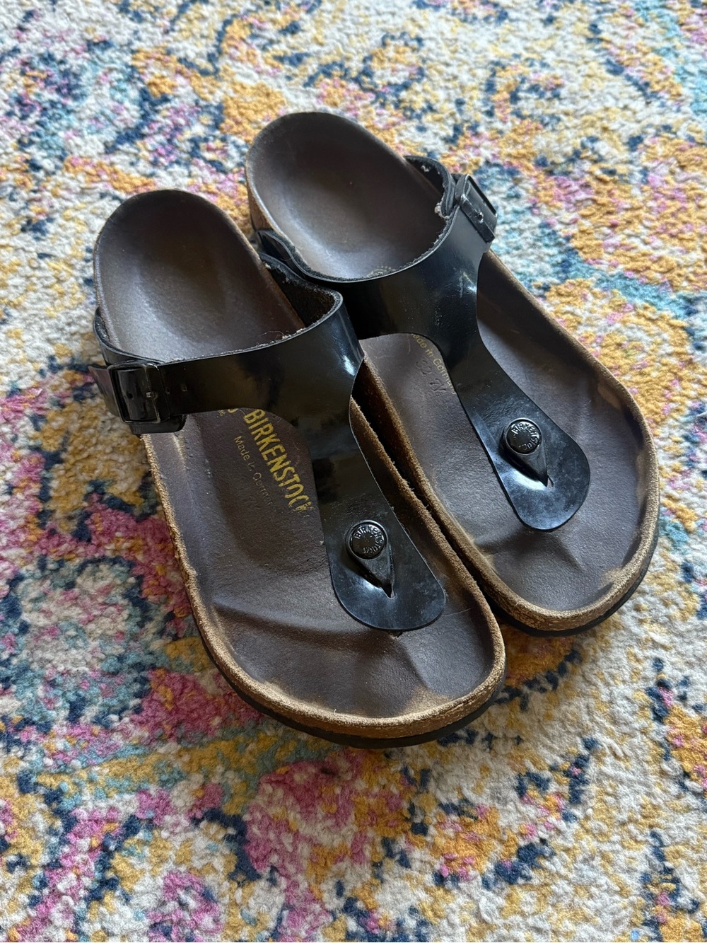 Birkenstock Black Patent Leather T Strap Flip Flops